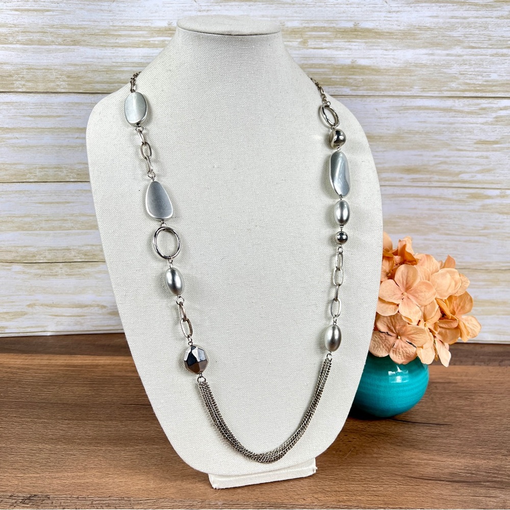 Lovely Silver-Tone Drape Necklace with Large Beading and Geometric Shapes